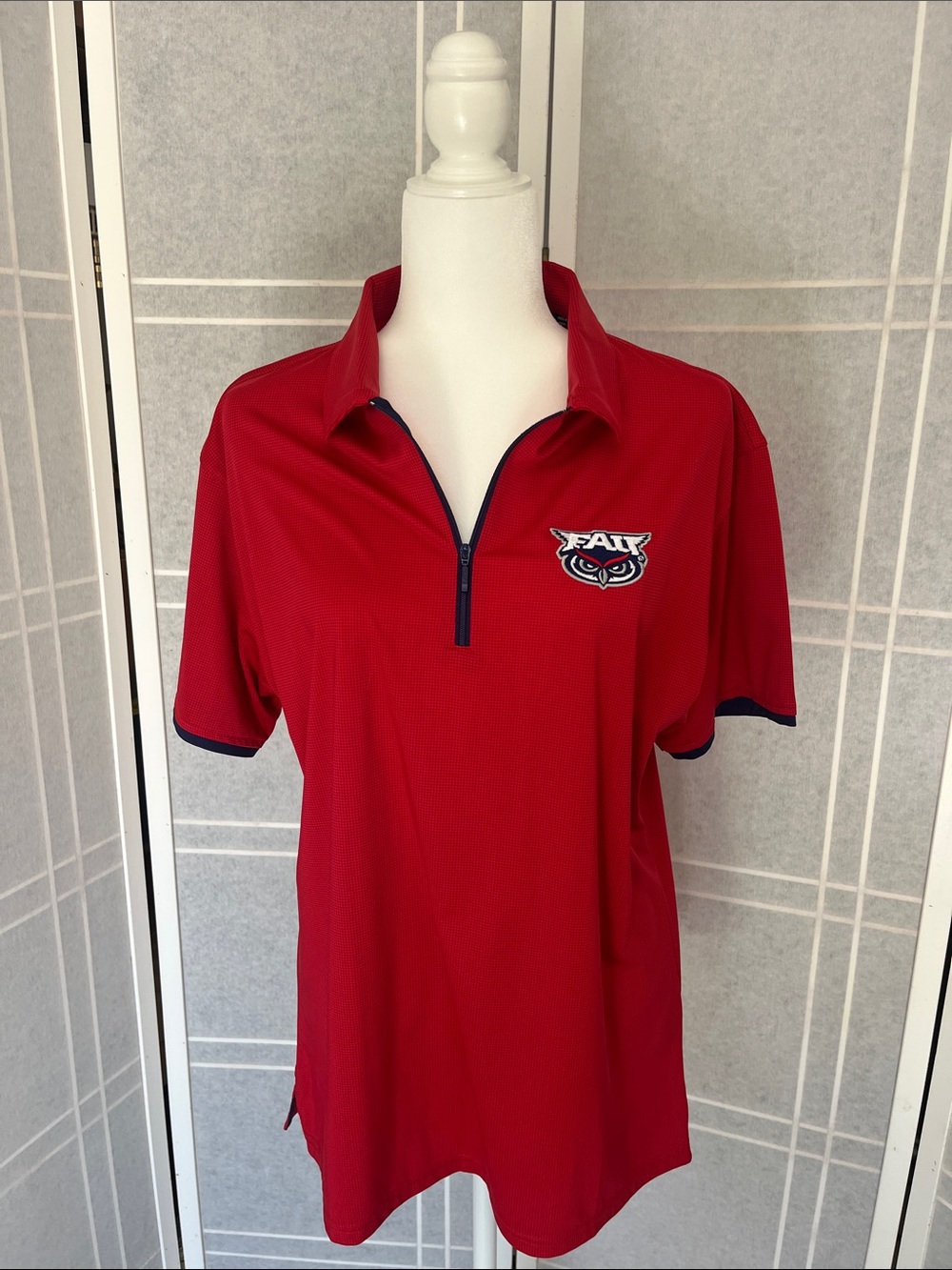 FAU Red Short-Sleeve Quarter-Zip Polo with Navy Trim